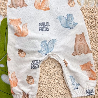 Conj. Body Manga Longa e Jardineira Animais Aquarela de Moletom em Linho - Areia e Marinho